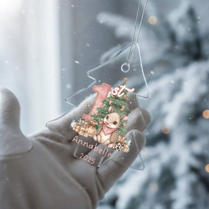 Baby's First Christmas Tree Adorable Armadillo Acrylic Ornament – Personalized Name and Year – Western Theme Holiday Keepsake – 3” Clear Round Ornament for Newborn. Infant Girls