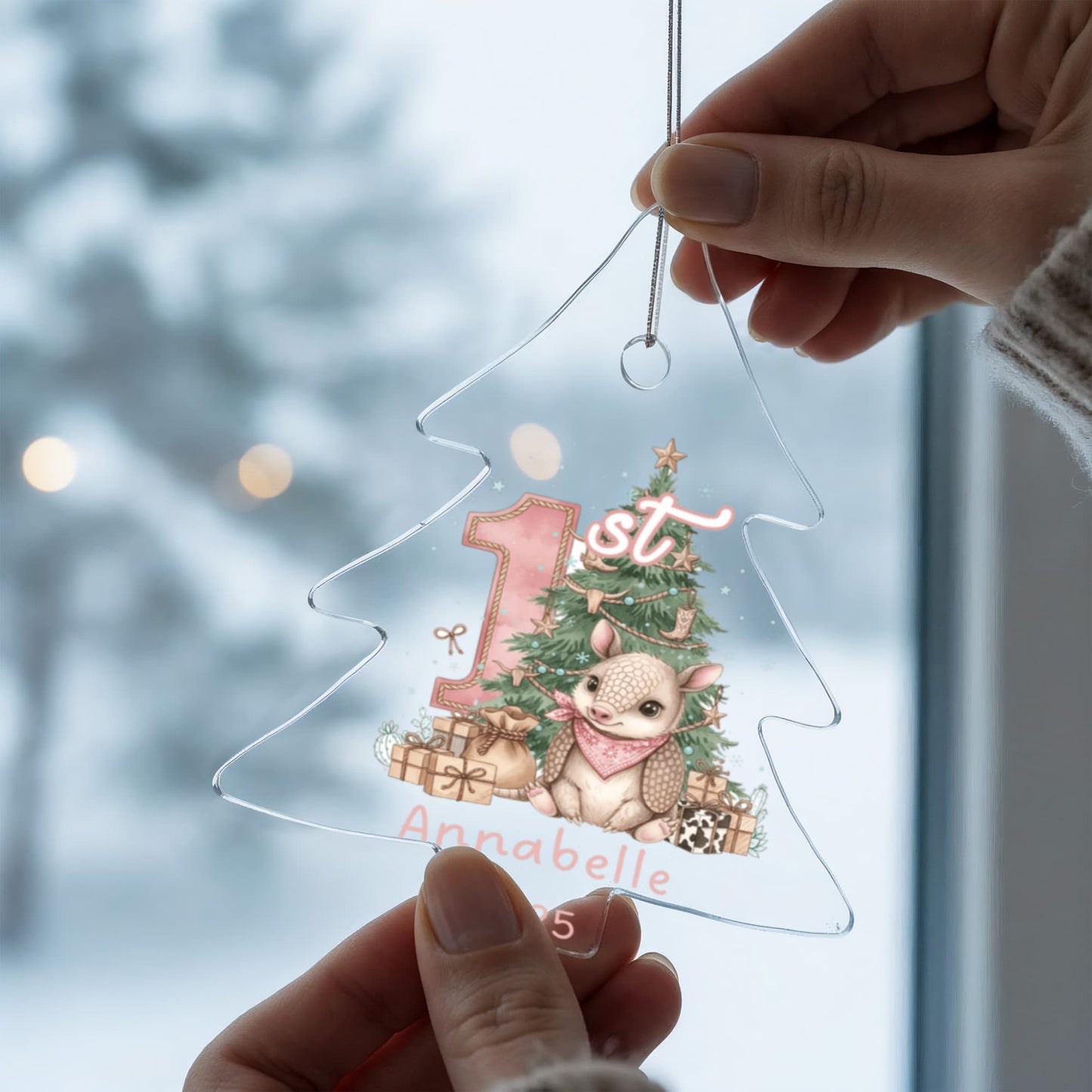 Baby's First Christmas Tree Adorable Armadillo Acrylic Ornament – Personalized Name and Year – Western Theme Holiday Keepsake – 3” Clear Round Ornament for Newborn. Infant Girls