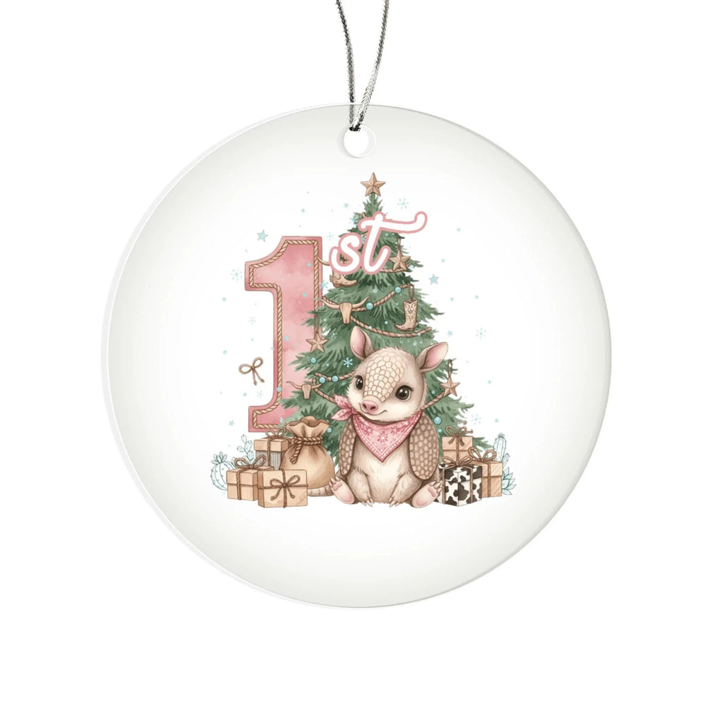 Baby's First Christmas Acrylic Ornament – Personalized Name and Year – Cute Armadillo Western Holiday Keepsake – 3” Clear Round Ornament for Newborns, Infants