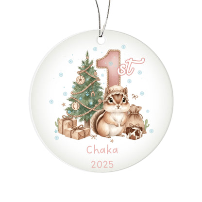 Baby's First Christmas Cute Chipmunk Girl's Western Style Acrylic Ornament – Personalized Name and Year – Holiday Keepsake – 3” Clear Round Ornament for Newborns, Infants