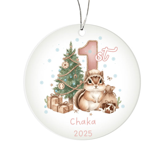 Baby's First Christmas Cute Chipmunk Girl's Western Style Acrylic Ornament – Personalized Name and Year – Holiday Keepsake – 3” Clear Round Ornament for Newborns, Infants