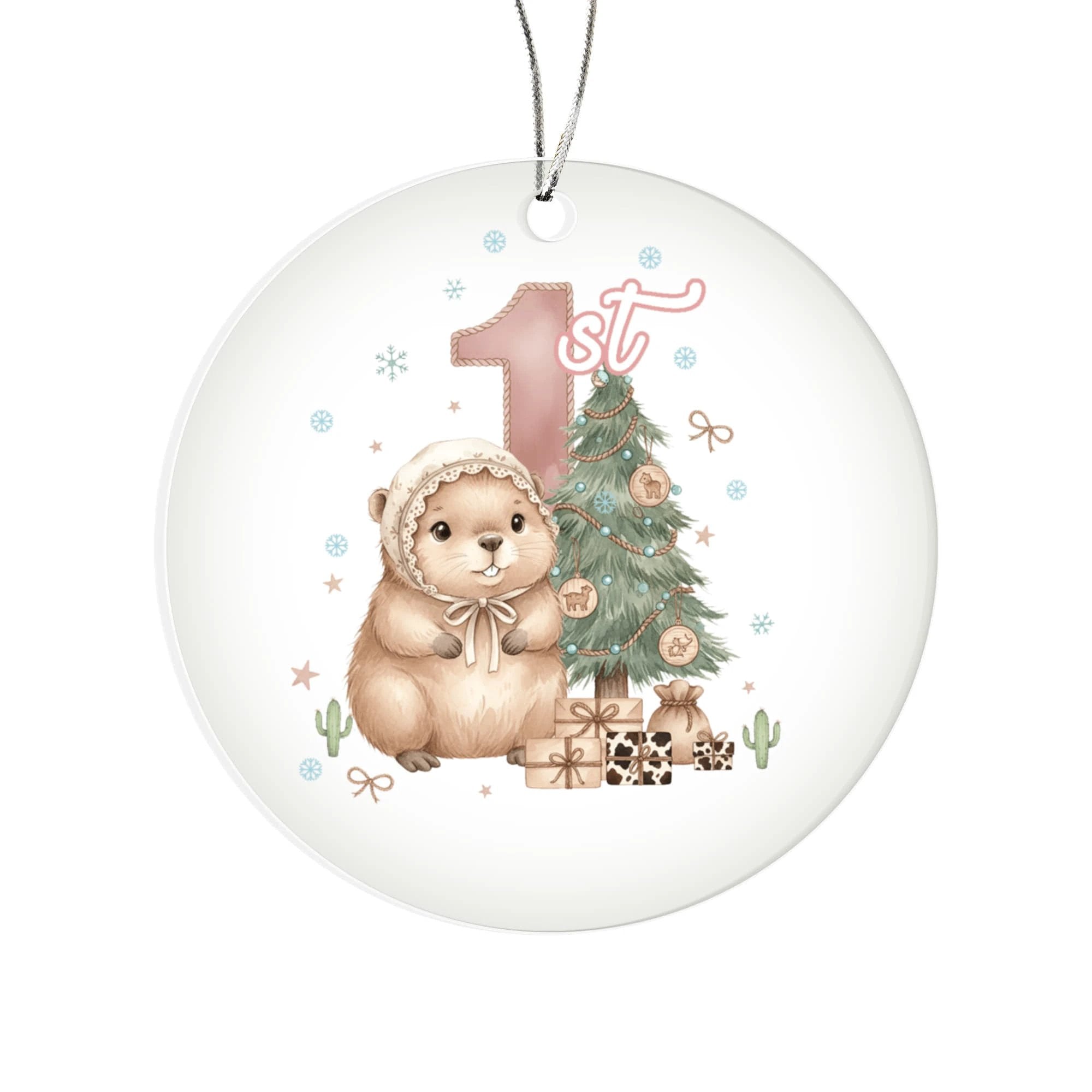 Baby's First Christmas Cute Beaver Girl's Western Style Acrylic Ornament – Personalized Name and Year – Holiday Keepsake – 3” Clear Round Ornament for Newborns, infants