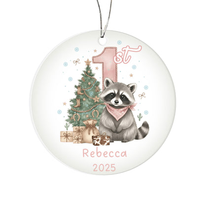 Baby Girl First Christmas Raccoon Western Style Acrylic Ornament – Personalized Name and Year – Holiday Keepsake – 3” Clear Round Ornament for Newborns, Infants