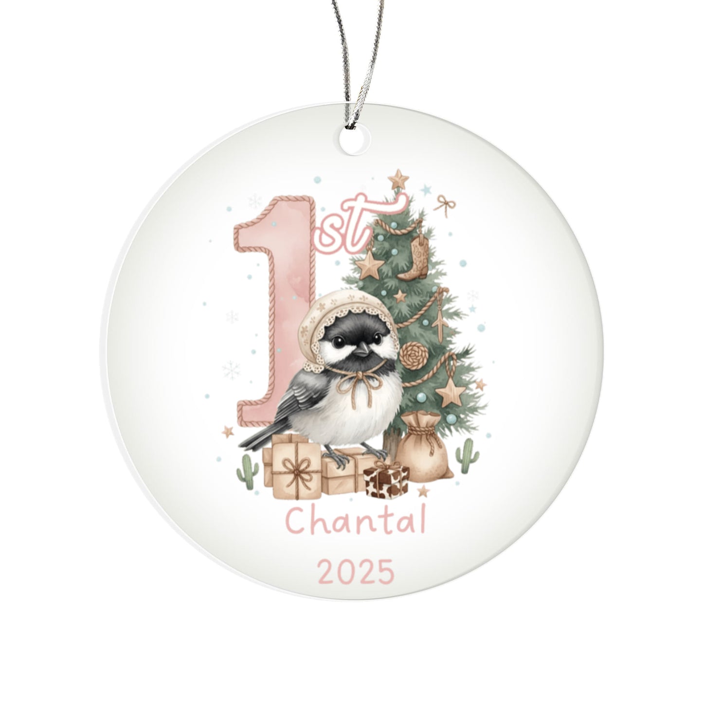 Baby's First Christmas Cute Chickadee Girl's Western Style Acrylic Ornament – Personalized Name and Year – Holiday Keepsake – 3” Clear Round Ornament for Newborns, Infants