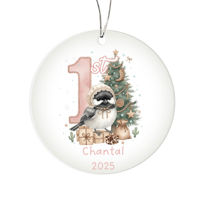 Baby's First Christmas Cute Chickadee Girl's Western Style Acrylic Ornament – Personalized Name and Year – Holiday Keepsake – 3” Clear Round Ornament for Newborns, Infants