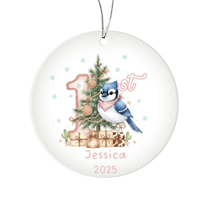 Baby's First Christmas Cute Blue Jay Girl's Western Style Acrylic Ornament – Personalized Name and Year – Holiday Keepsake – 3” Clear Round Ornament for Newborns, Infants