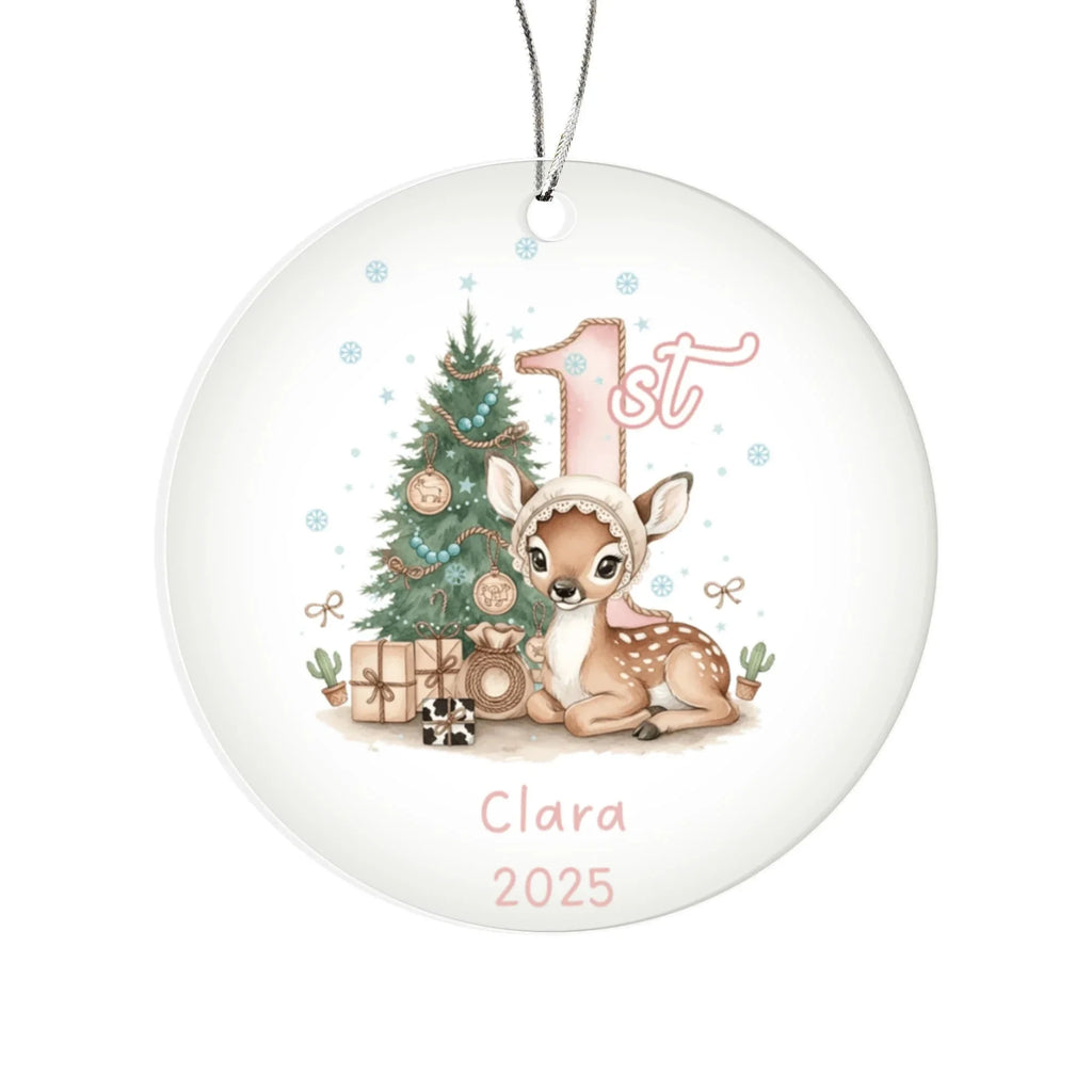 Baby's First Christmas Cute Fawn Girl's Western Style Acrylic Ornament – Personalized Name and Year – Holiday Keepsake – 3” Clear Round Ornament for Newborns, Infants