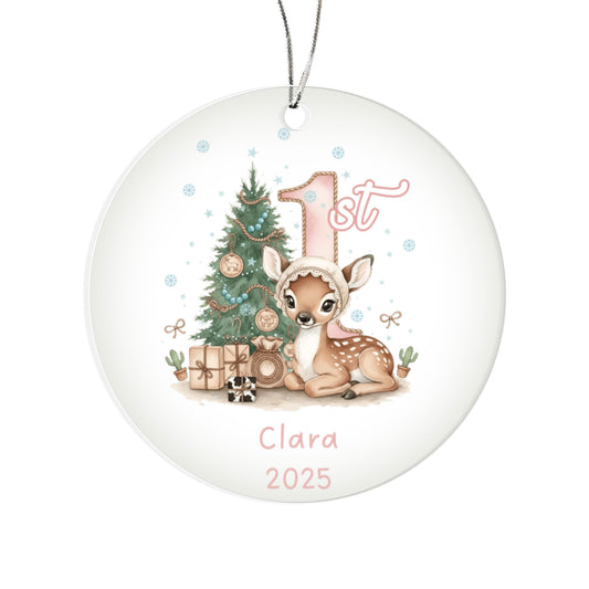 Baby's First Christmas Cute Fawn Girl's Western Style Acrylic Ornament – Personalized Name and Year – Holiday Keepsake – 3” Clear Round Ornament for Newborns, Infants