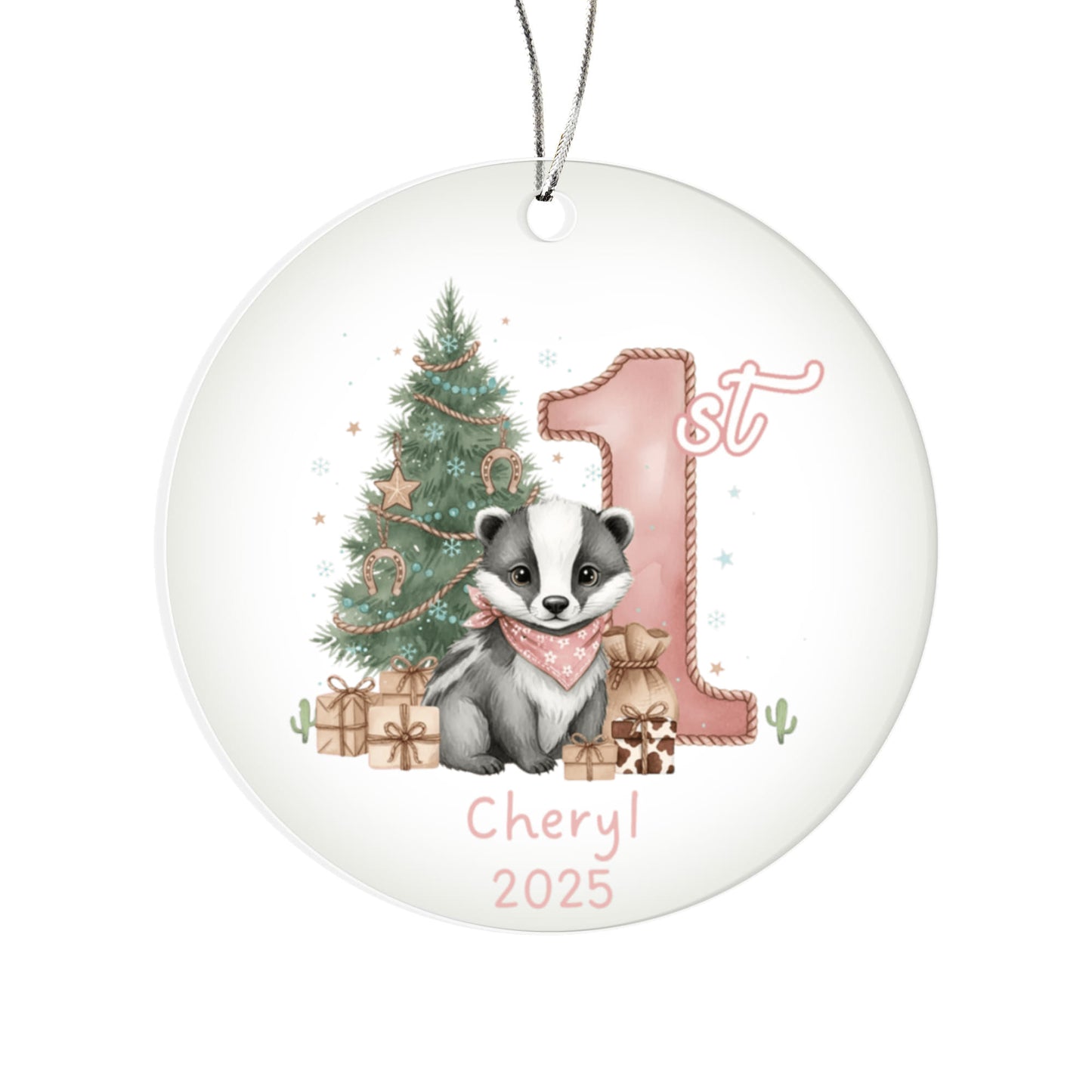 Baby's First Christmas Cute Badger Girl's Western Style Acrylic Ornament – Personalized Name and Year – Holiday Keepsake – 3” Clear Round Ornament for Newborns, Infants