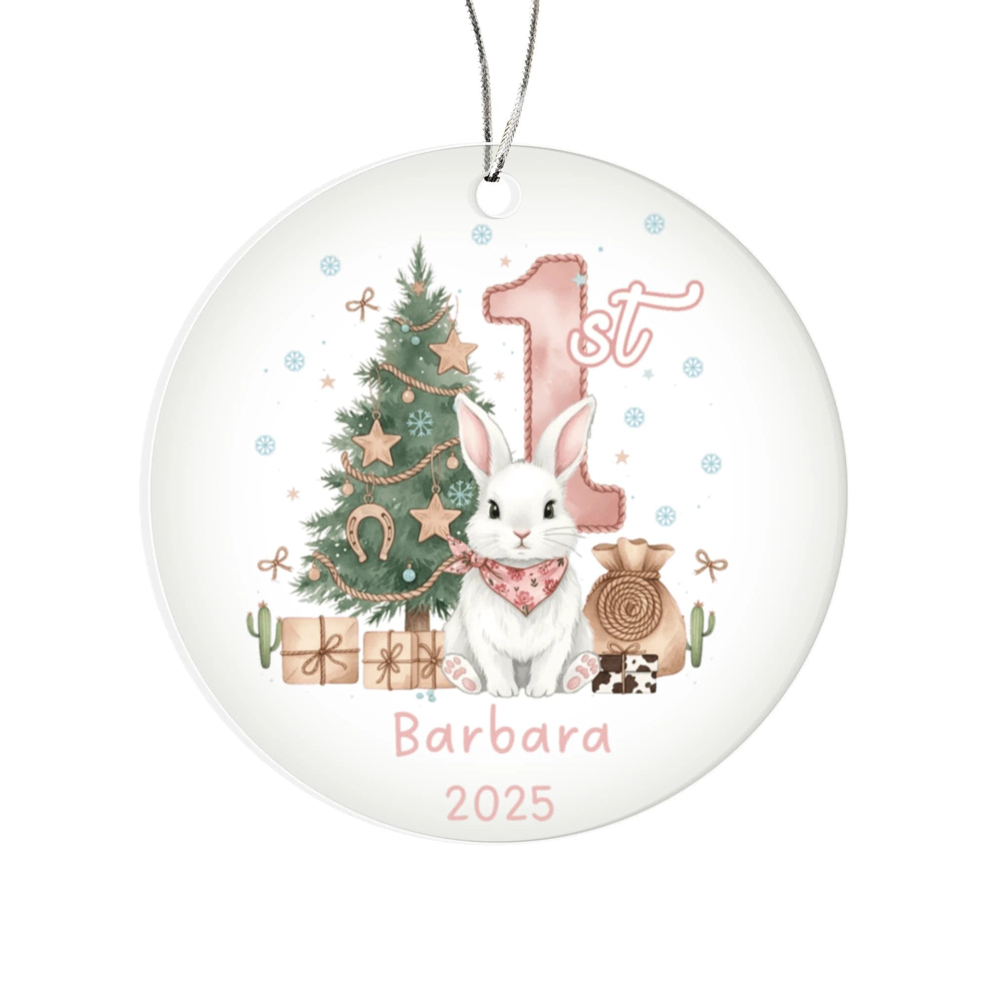 Baby's First Christmas Cute Bunny Girl's Western Style Acrylic Ornament – Personalized Name and Year – Holiday Keepsake – 3” Clear Round Ornament for Newborns, Infants