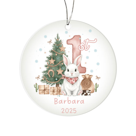Baby's First Christmas Cute Bunny Girl's Western Style Acrylic Ornament – Personalized Name and Year – Holiday Keepsake – 3” Clear Round Ornament for Newborns, Infants