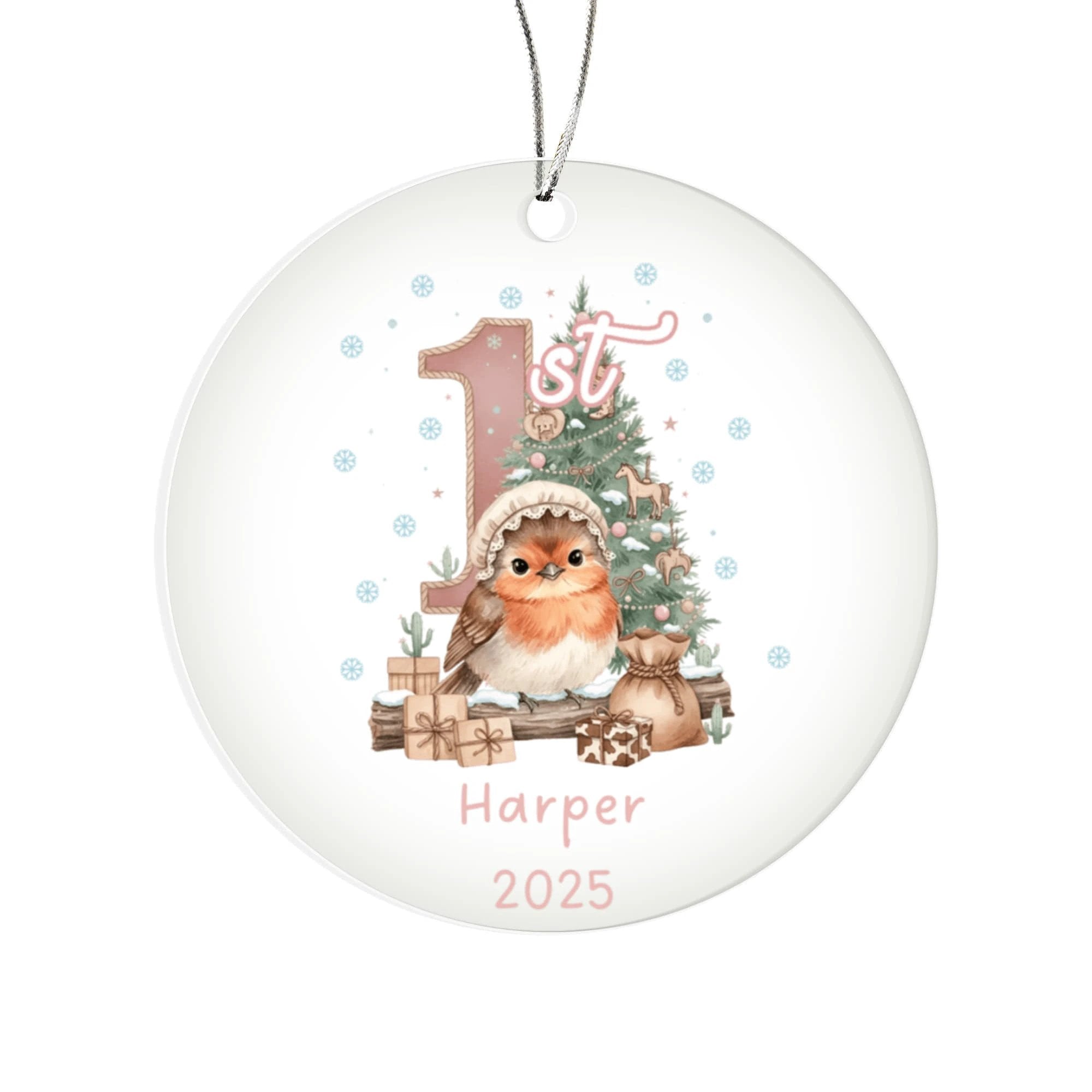 Baby's First Christmas Cute Bird Girl's Western Style Acrylic Ornament – Personalized Name and Year – Holiday Keepsake – 3” Clear Round Ornament for Newborns, Infants