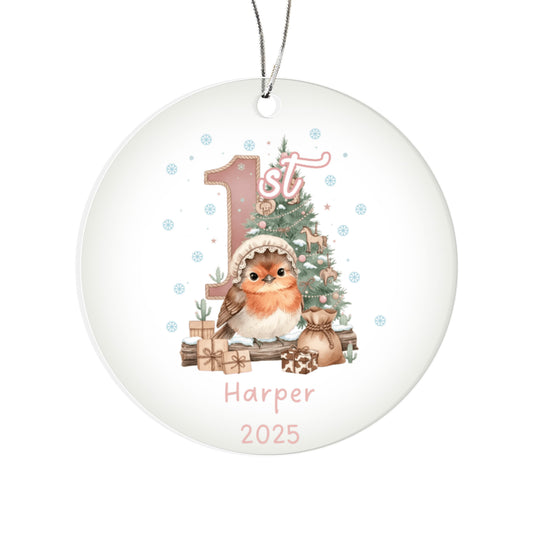 Baby's First Christmas Cute Bird Girl's Western Style Acrylic Ornament – Personalized Name and Year – Holiday Keepsake – 3” Clear Round Ornament for Newborns, Infants