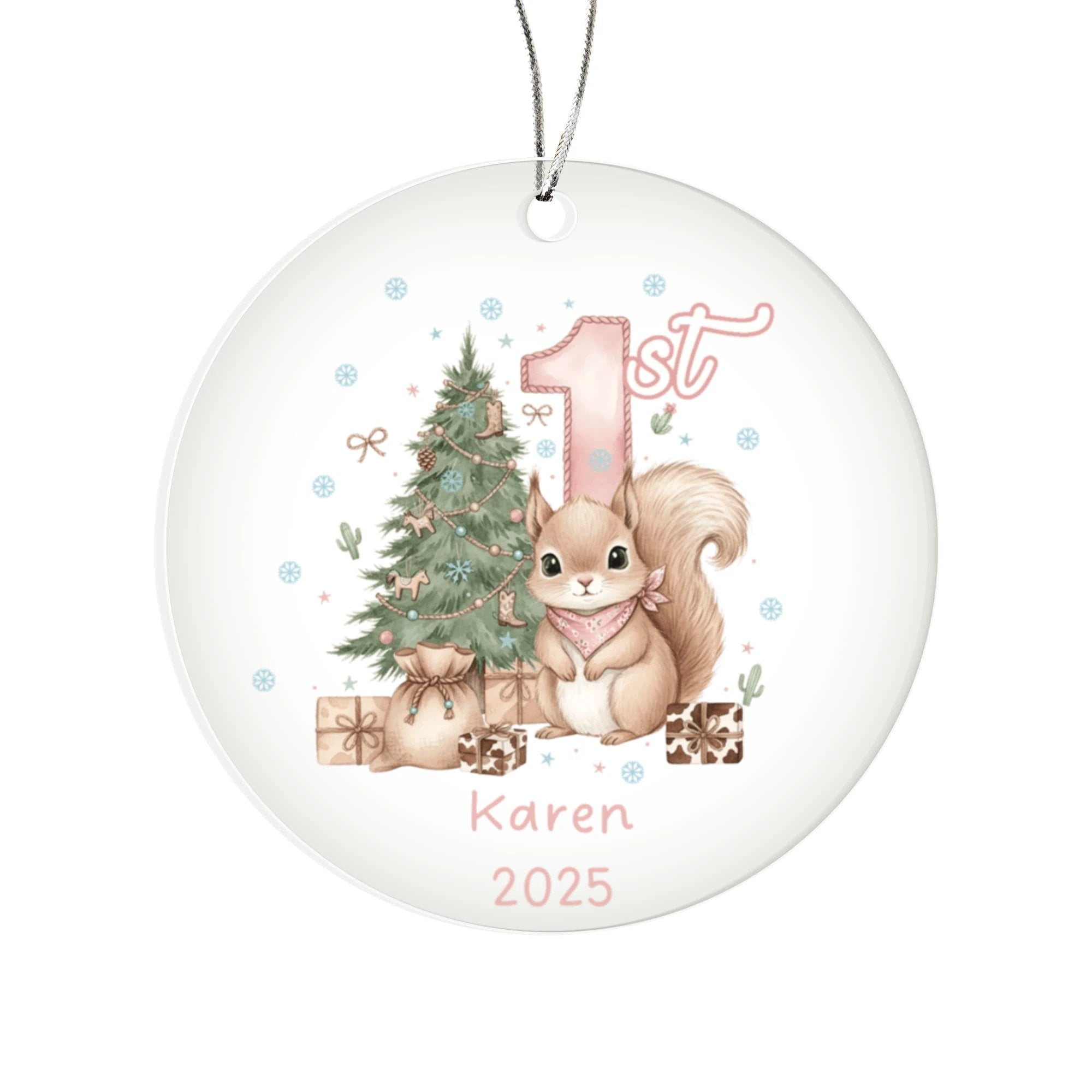 Baby's First Christmas Cute Squirrel Girl's Western Style Acrylic Ornament – Personalized Name and Year – Holiday Keepsake – 3” Clear Round Ornament for Newborns, Infants