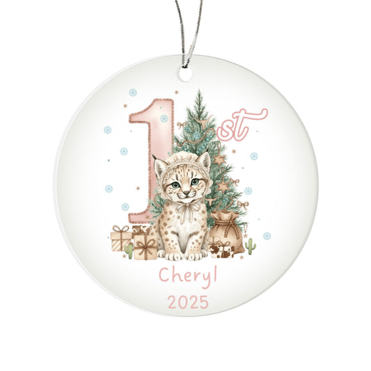 Baby's First Christmas Cute Cheetah Girl's Western Style Acrylic Ornament – Personalized Name andYear – Holiday Keepsake – 3” Clear Round Ornament for Newborns & Infants