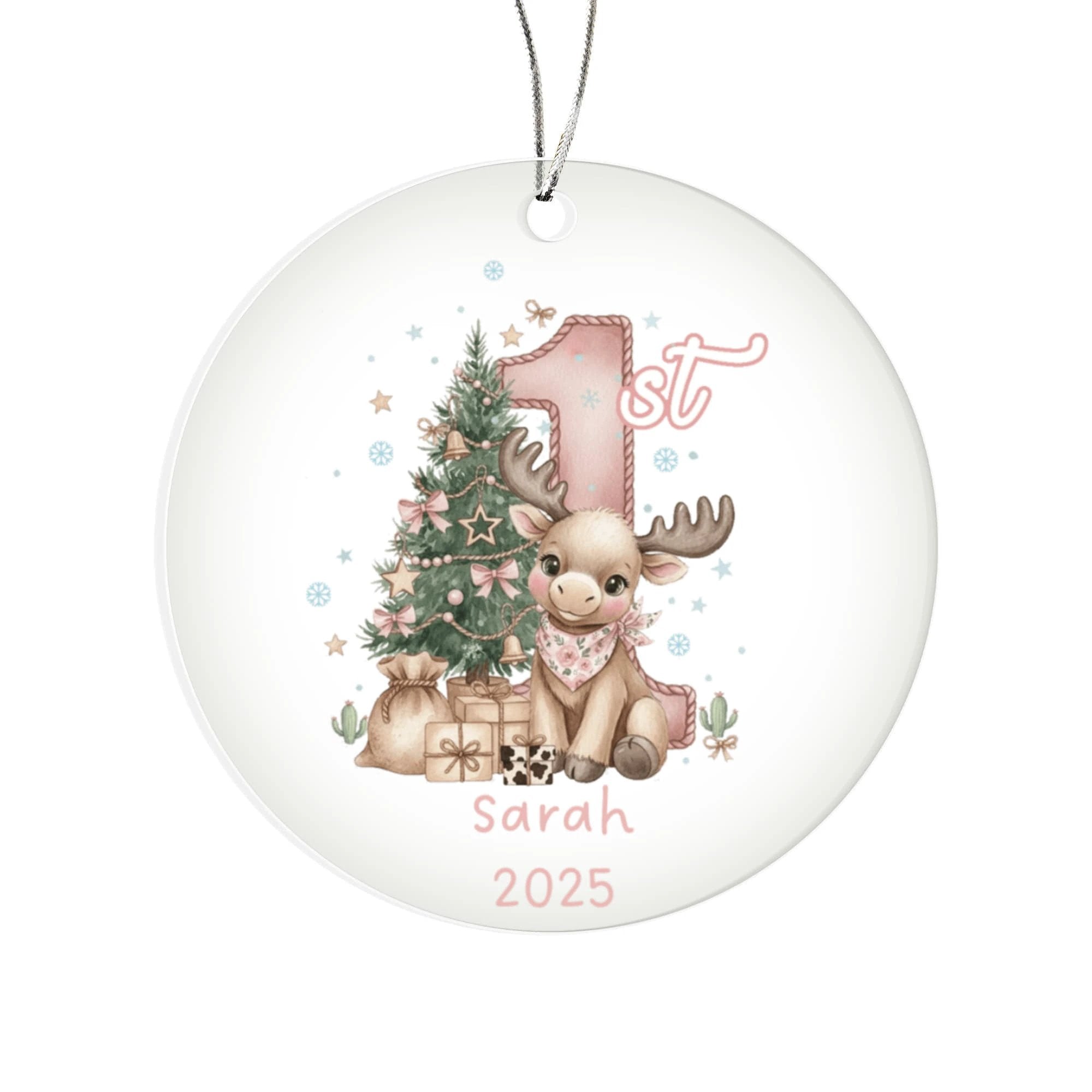 Baby's First Christmas Cute Moose Girl's Western Style Acrylic Ornament – Personalized Name and Year – Holiday Keepsake – 3” Clear Round Ornament for Newborns, Infants