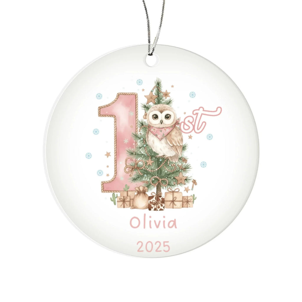 Baby's First Christmas Cute Owl Girl's Western Style Acrylic Ornament – Personalized Name and Year – Holiday Keepsake – 3” Clear Round Ornament for Newborns, Infants