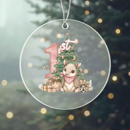 Baby's First Christmas Acrylic Ornament – Personalized Name and Year – Cute Armadillo Western Holiday Keepsake – 3” Clear Round Ornament for Newborns, Infants