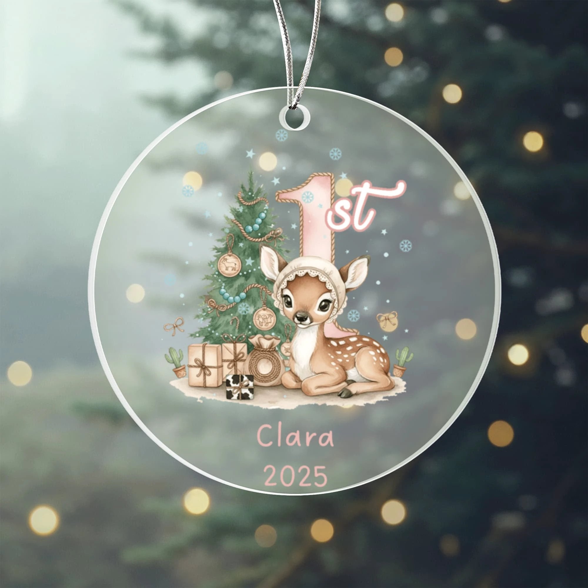 Baby's First Christmas Cute Fawn Girl's Western Style Acrylic Ornament – Personalized Name and Year – Holiday Keepsake – 3” Clear Round Ornament for Newborns, Infants