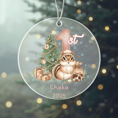 Baby's First Christmas Cute Chipmunk Girl's Western Style Acrylic Ornament – Personalized Name and Year – Holiday Keepsake – 3” Clear Round Ornament for Newborns, Infants