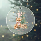 Baby's First Christmas Cute Fox Girl's Western Style Acrylic Ornament – Personalized Name and Year – Holiday Keepsake – 3” Clear Round Ornament for Newborns, Infants