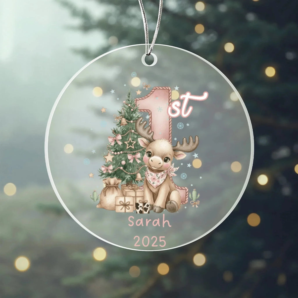 Baby's First Christmas Cute Moose Girl's Western Style Acrylic Ornament – Personalized Name and Year – Holiday Keepsake – 3” Clear Round Ornament for Newborns, Infants