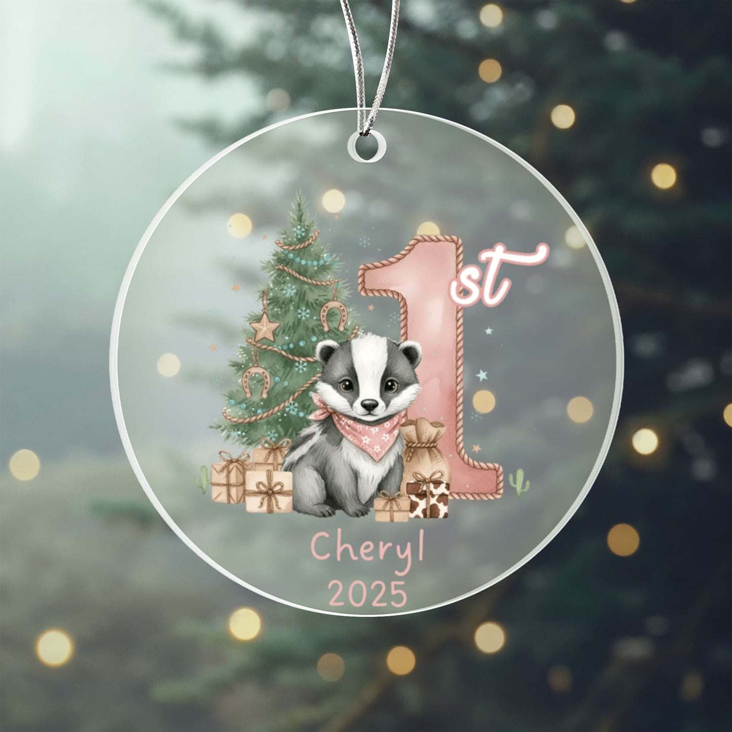 Baby's First Christmas Cute Badger Girl's Western Style Acrylic Ornament – Personalized Name and Year – Holiday Keepsake – 3” Clear Round Ornament for Newborns, Infants