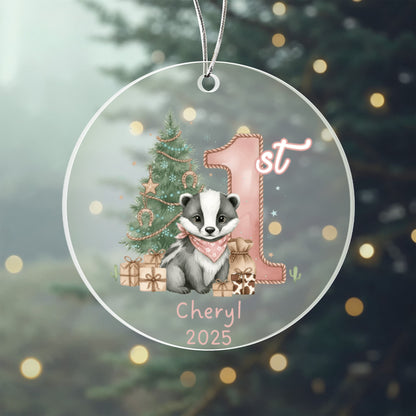 Baby's First Christmas Cute Badger Girl's Western Style Acrylic Ornament – Personalized Name and Year – Holiday Keepsake – 3” Clear Round Ornament for Newborns, Infants