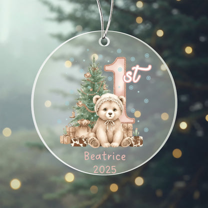 Baby's First Christmas Cute Bear Girl's Western Style Acrylic Ornament – Personalized Name Holiday Keepsake