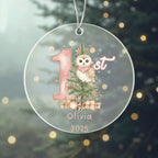 Baby's First Christmas Cute Owl Girl's Western Style Acrylic Ornament – Personalized Name and Year – Holiday Keepsake – 3” Clear Round Ornament for Newborns, Infants