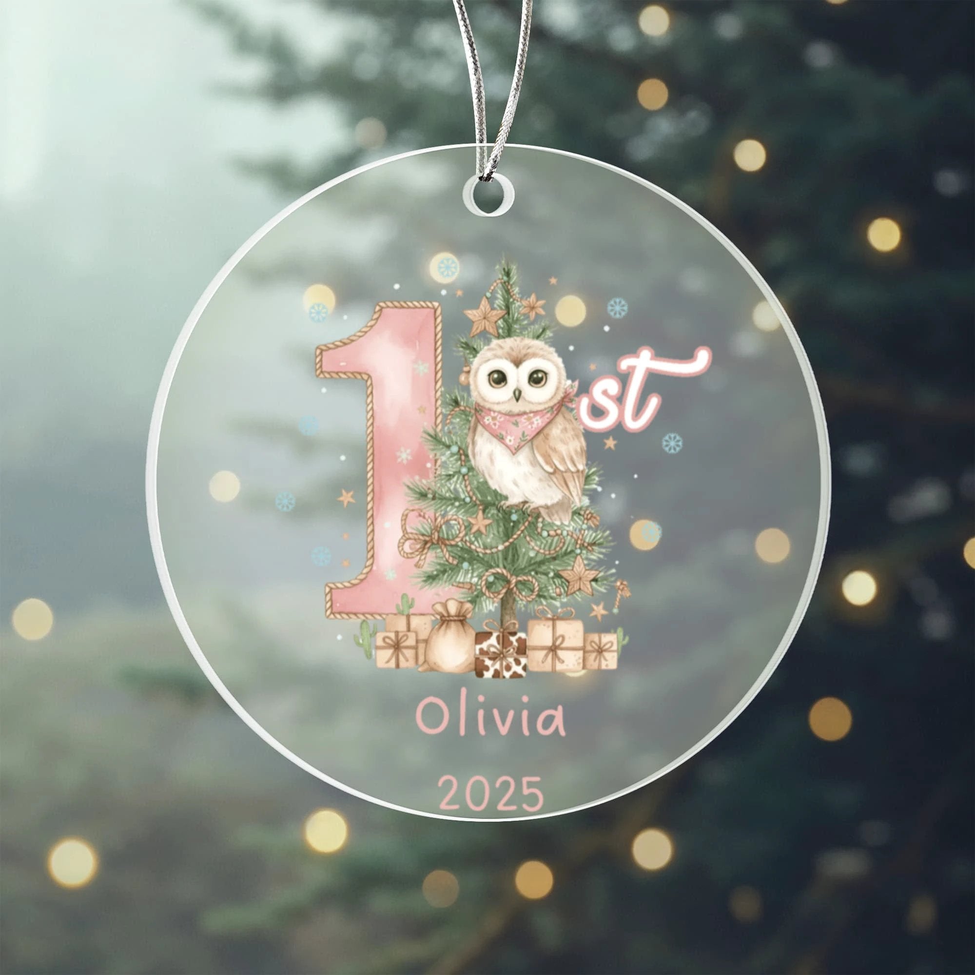 Baby's First Christmas Cute Owl Girl's Western Style Acrylic Ornament – Personalized Name and Year – Holiday Keepsake – 3” Clear Round Ornament for Newborns, Infants