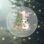 Baby's First Christmas Cute Possum Girl's Western Style Acrylic Ornament – Personalized Name and Year – Holiday Keepsake – 3” Clear Round Ornament for Newborns, Infants