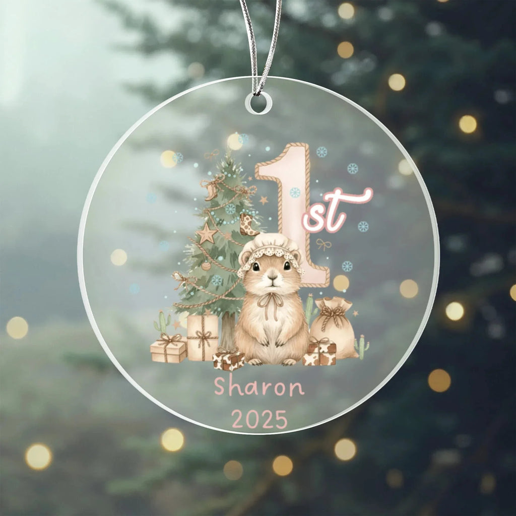 Baby's First Christmas Cute Mouse Girl's Western Style Acrylic Ornament – Personalized Name and Year – Holiday Keepsake – 3” Clear Round Ornament for Newborns, Infants