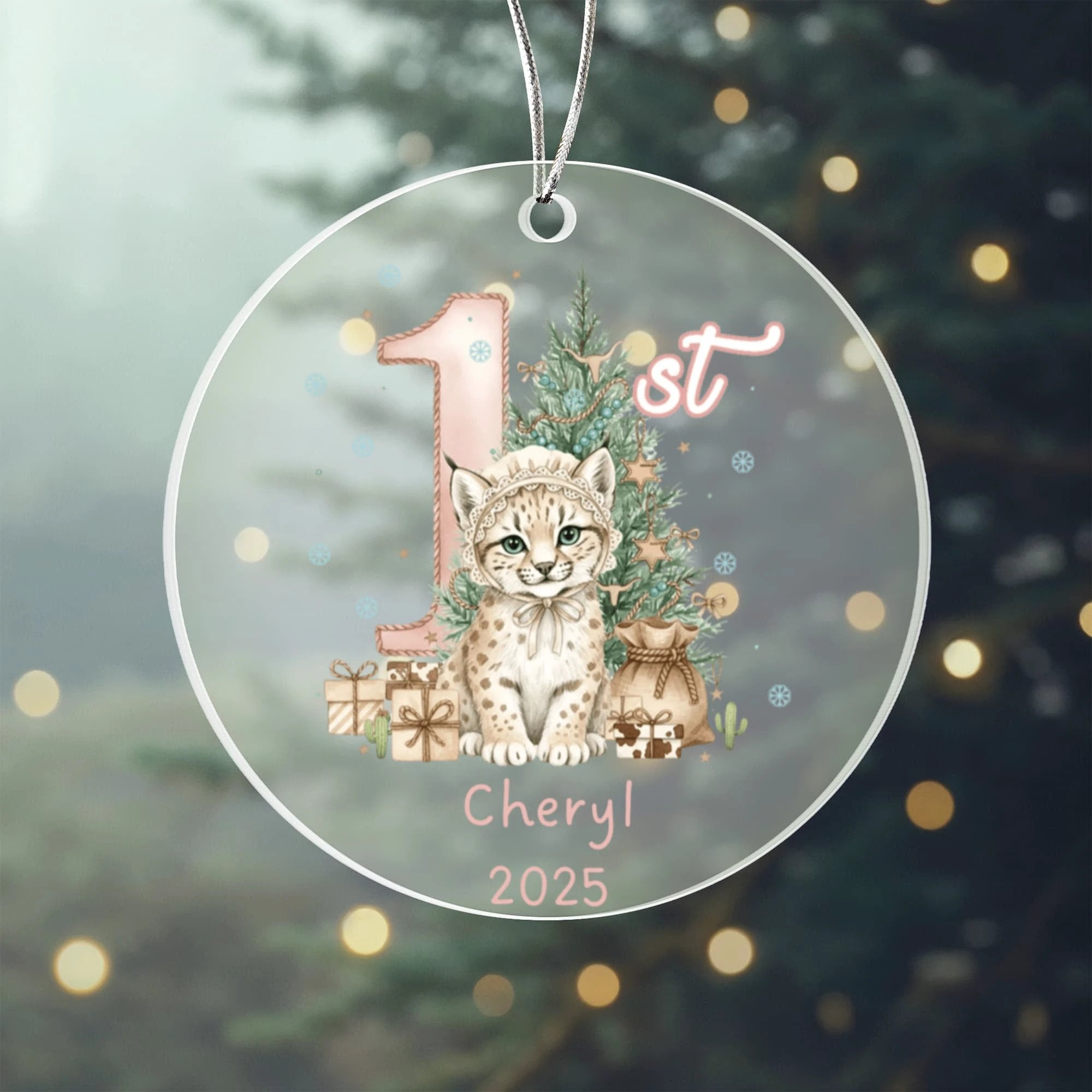 Baby's First Christmas Cute Cheetah Girl's Western Style Acrylic Ornament – Personalized Name andYear – Holiday Keepsake – 3” Clear Round Ornament for Newborns & Infants