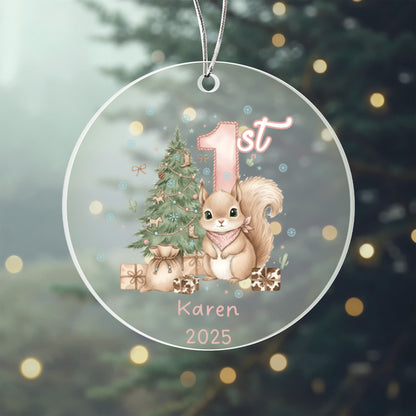 Baby's First Christmas Cute Squirrel Girl's Western Style Acrylic Ornament – Personalized Name and Year – Holiday Keepsake – 3” Clear Round Ornament for Newborns, Infants