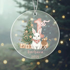 Baby's First Christmas Cute Bunny Girl's Western Style Acrylic Ornament – Personalized Name and Year – Holiday Keepsake – 3” Clear Round Ornament for Newborns, Infants