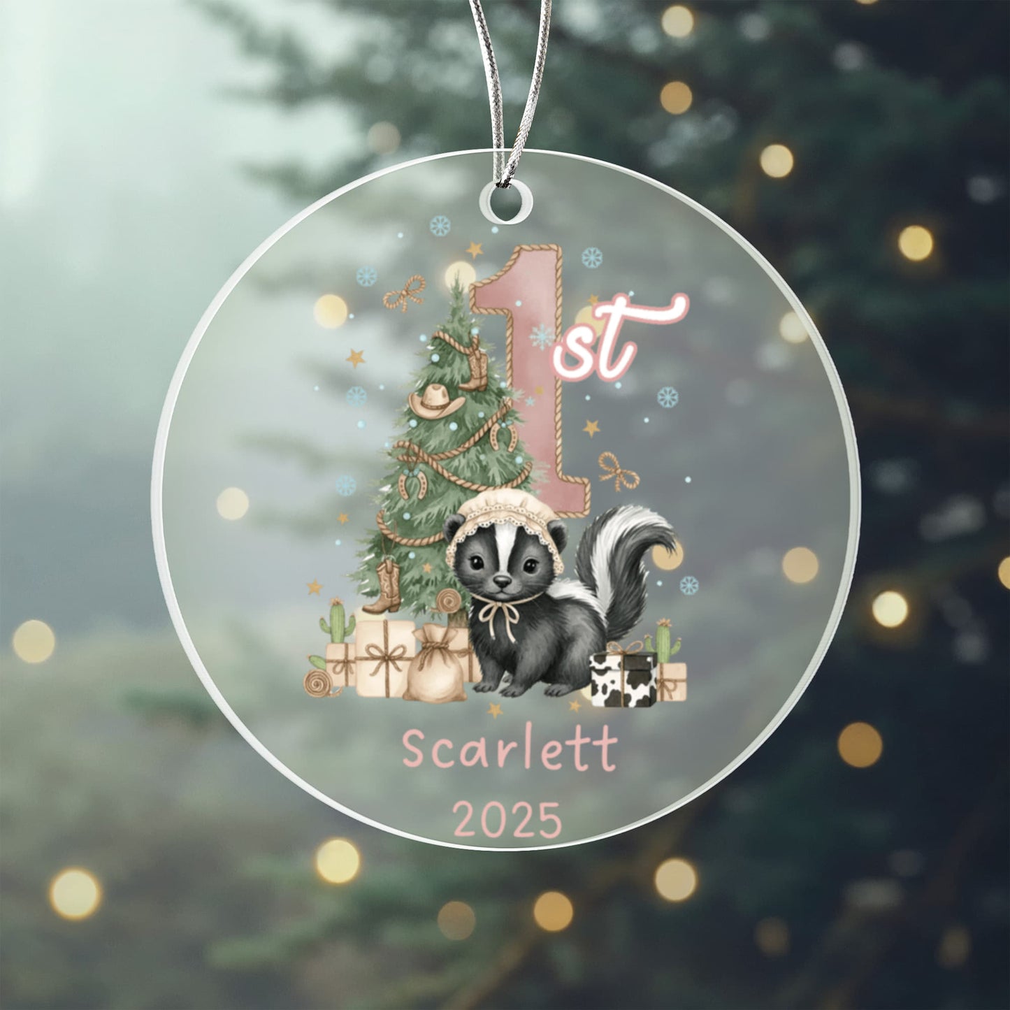 Baby's First Christmas Cute Skunk Girl's Western Style Acrylic Ornament – Personalized Name and Year – Holiday Keepsake – 3” Clear Round Ornament for Newborns, Infants