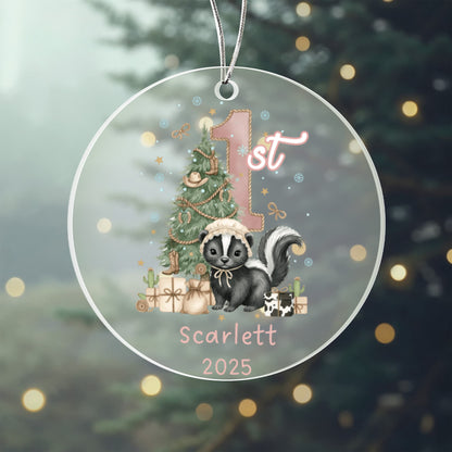 Baby's First Christmas Cute Skunk Girl's Western Style Acrylic Ornament – Personalized Name and Year – Holiday Keepsake – 3” Clear Round Ornament for Newborns, Infants