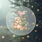Baby's First Christmas Cute Beaver Girl's Western Style Acrylic Ornament – Personalized Name and Year – Holiday Keepsake – 3” Clear Round Ornament for Newborns, infants