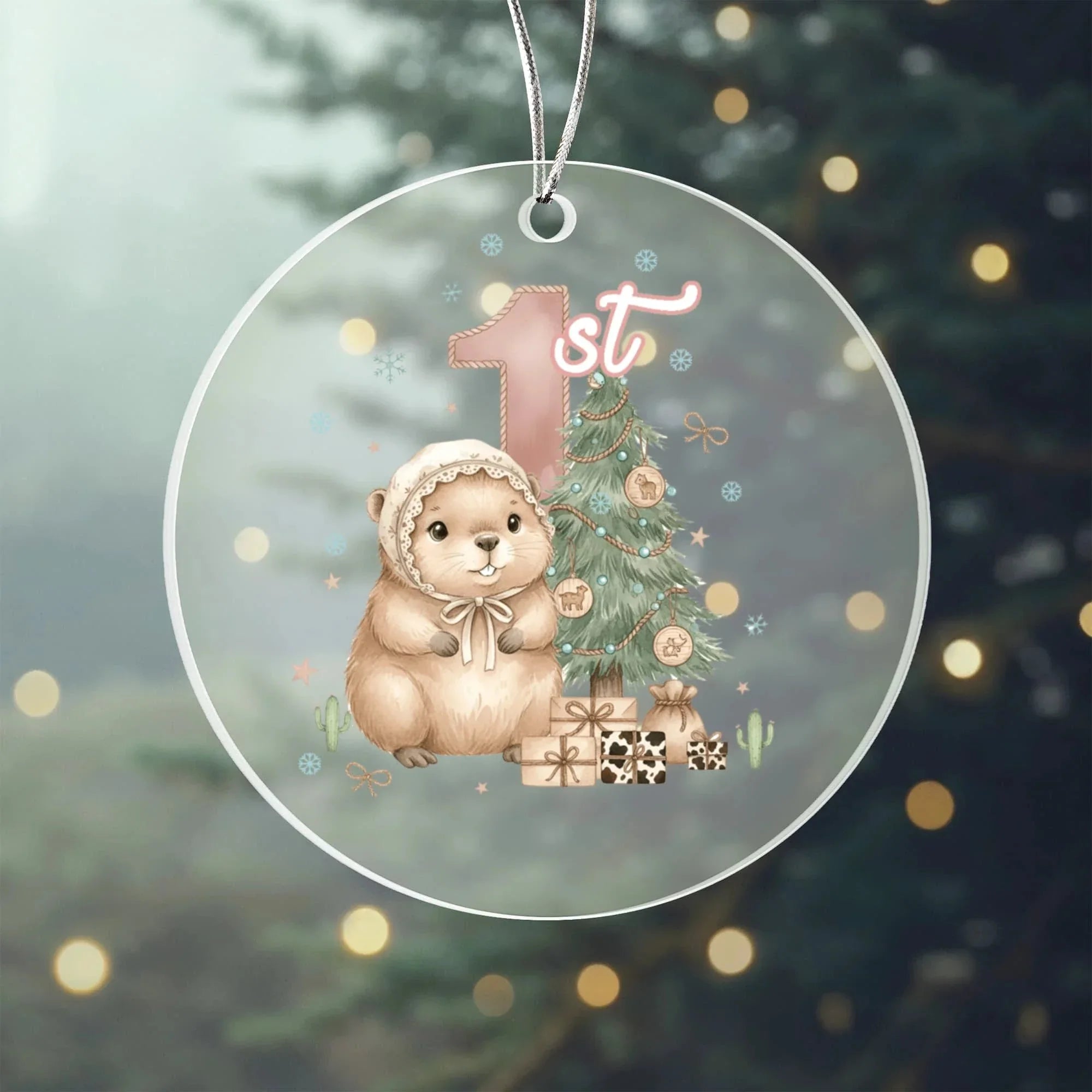 Baby's First Christmas Cute Beaver Girl's Western Style Acrylic Ornament – Personalized Name and Year – Holiday Keepsake – 3” Clear Round Ornament for Newborns, infants