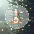 Baby's First Christmas Cute Hedgehog Girl's Western Style Acrylic Ornament – Personalized Name and Year – Holiday Keepsake – 3” Clear Round Ornament for Newborns, Infants