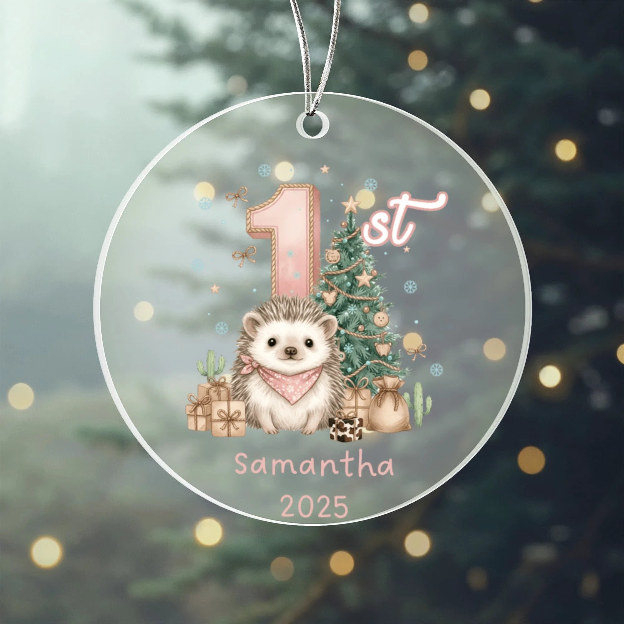 Baby's First Christmas Cute Hedgehog Girl's Western Style Acrylic Ornament – Personalized Name and Year – Holiday Keepsake – 3” Clear Round Ornament for Newborns, Infants