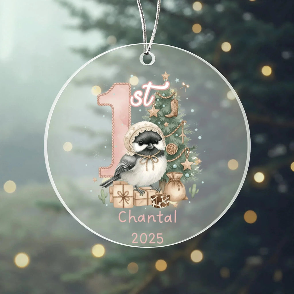 Baby's First Christmas Cute Chickadee Girl's Western Style Acrylic Ornament – Personalized Name and Year – Holiday Keepsake – 3” Clear Round Ornament for Newborns, Infants