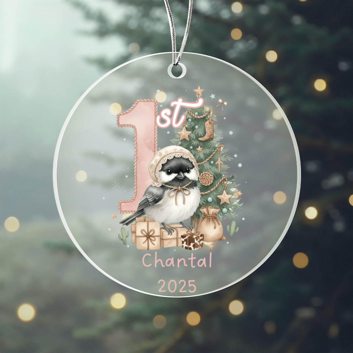 Baby's First Christmas Cute Chickadee Girl's Western Style Acrylic Ornament – Personalized Name and Year – Holiday Keepsake – 3” Clear Round Ornament for Newborns, Infants