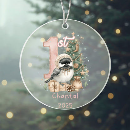 Baby's First Christmas Cute Chickadee Girl's Western Style Acrylic Ornament – Personalized Name and Year – Holiday Keepsake – 3” Clear Round Ornament for Newborns, Infants
