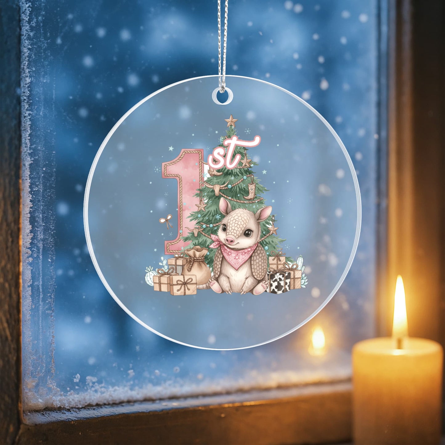 Baby's First Christmas Acrylic Ornament – Personalized Name and Year – Cute Armadillo Western Holiday Keepsake – 3” Clear Round Ornament for Newborns, Infants
