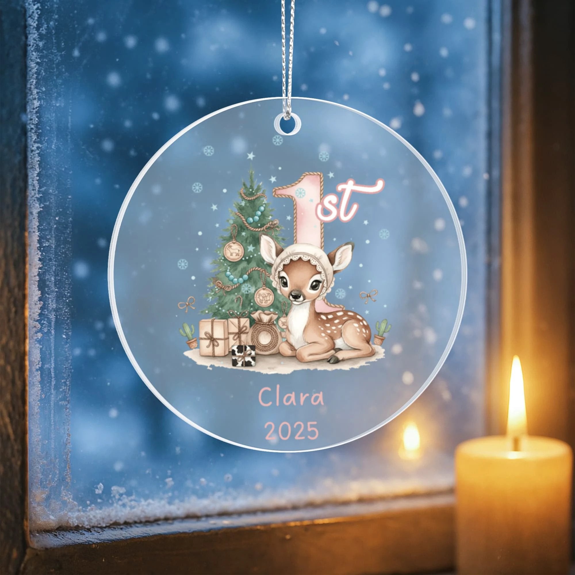 Baby's First Christmas Cute Fawn Girl's Western Style Acrylic Ornament – Personalized Name and Year – Holiday Keepsake – 3” Clear Round Ornament for Newborns, Infants