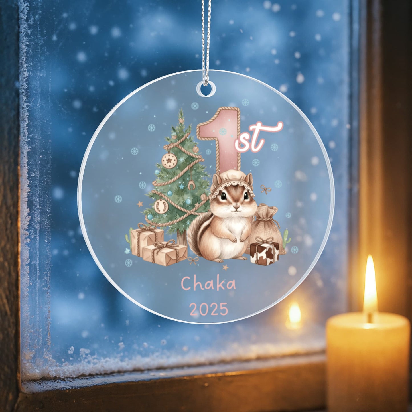 Baby's First Christmas Cute Chipmunk Girl's Western Style Acrylic Ornament – Personalized Name and Year – Holiday Keepsake – 3” Clear Round Ornament for Newborns, Infants