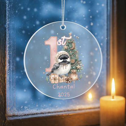 Baby's First Christmas Cute Chickadee Girl's Western Style Acrylic Ornament – Personalized Name and Year – Holiday Keepsake – 3” Clear Round Ornament for Newborns, Infants
