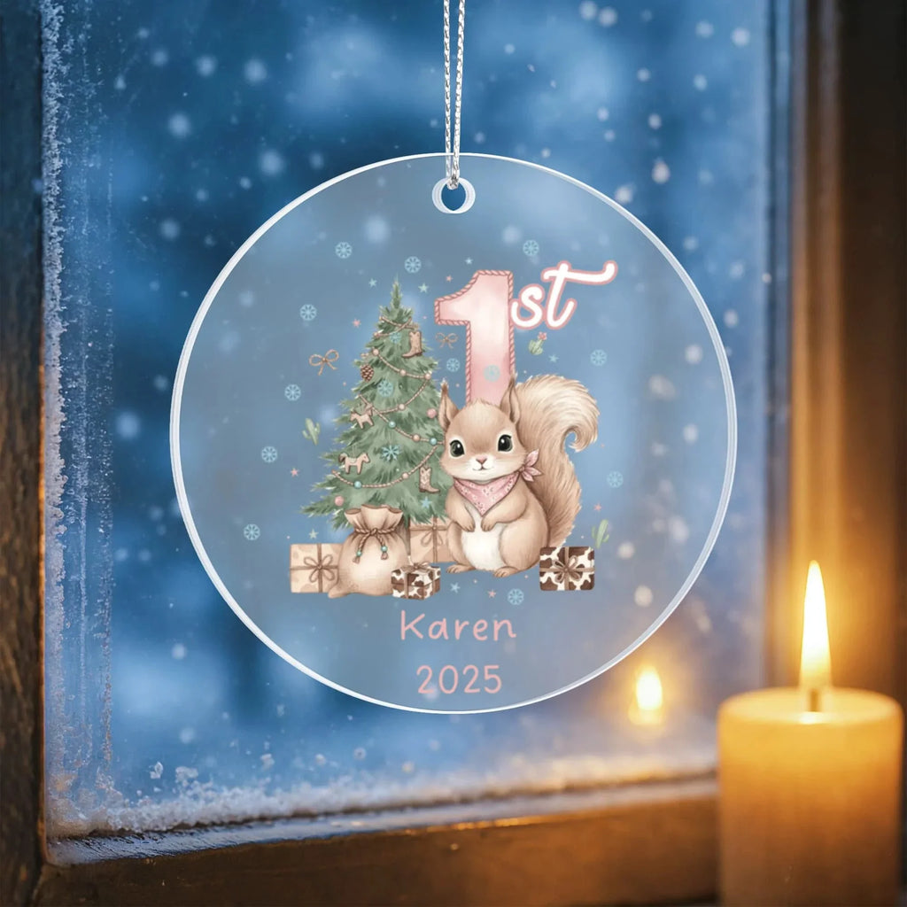 Baby's First Christmas Cute Squirrel Girl's Western Style Acrylic Ornament – Personalized Name and Year – Holiday Keepsake – 3” Clear Round Ornament for Newborns, Infants
